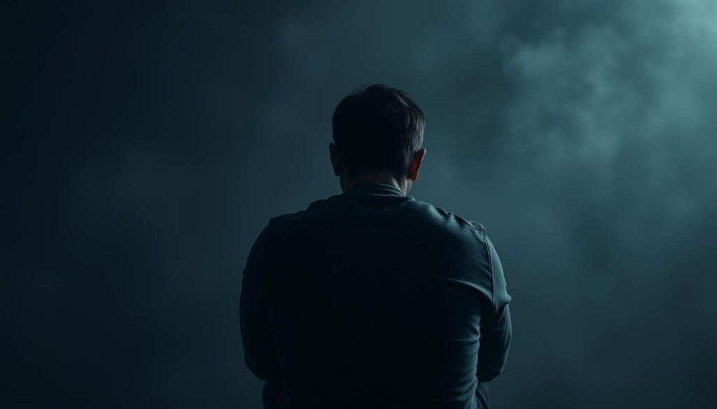 A man seated alone, shoulders hunched, gaze downcast, reflecting on the weight of mental health challenges. The foreground casts a somber tone, with muted lighting and a pensive atmosphere. In the middle ground, symbolic representations of common men's mental health issues - stress, anxiety, depression - loom, casting shadows over the figure. The background fades into a hazy, dreamlike quality, conveying the intangible nature of these internal struggles. A cinematic, moody composition captures the complexity and isolation often experienced by men navigating their mental wellbeing.