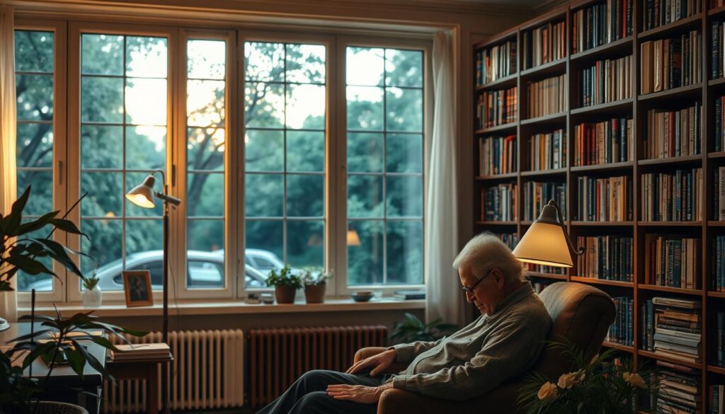 Prompt A serene, well-lit study with soft, ambient lighting and a warm, calming atmosphere. In the foreground, an elderly person sitting in a comfortable armchair, eyes cast downward, deep in thoughtful contemplation. Surrounding them, bookshelves filled with medical texts and research papers on Alzheimer's and dementia, conveying a sense of understanding and intellectual inquiry. In the background, a large window overlooking a tranquil garden, symbolizing the connection between the inner mental world and the natural world. The overall scene evokes a sense of introspection, empathy, and the pursuit of knowledge to better comprehend these complex neurological conditions.