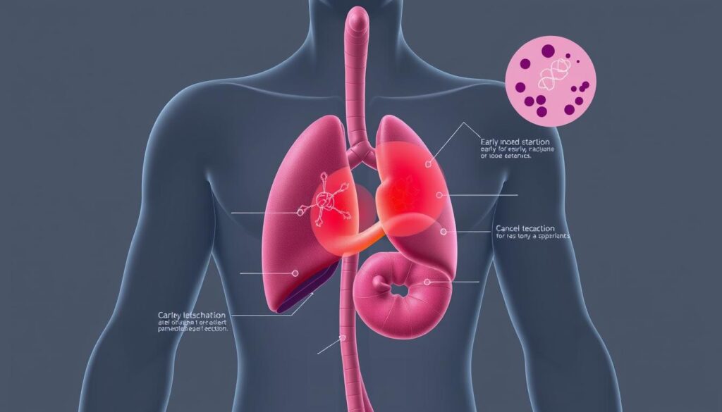 A detailed medical diagram depicting the early detection of cancer. Crisp anatomical cross-section of the human body, showcasing the internal organs and highlighting the affected areas. Muted color palette with shades of pink, red, and purple to convey the seriousness of the condition. Precise technical illustrations overlaid with informative labels and medical icons, creating a sense of clinical authority. Soft, directional lighting from the upper left casts subtle shadows, accentuating the three-dimensional form. The overall mood is one of educational clarity, empowering viewers to understand the importance of early cancer detection. A detailed medical diagram depicting the early detection of cancer. Crisp anatomical cross-section of the human body, showcasing the internal organs and highlighting the affected areas. Muted color palette with shades of pink, red, and purple to convey the seriousness of the condition. Precise technical illustrations overlaid with informative labels and medical icons, creating a sense of clinical authority. Soft, directional lighting from the upper left casts subtle shadows, accentuating the three-dimensional form. The overall mood is one of educational clarity, empowering viewers to understand the importance of early cancer detection.