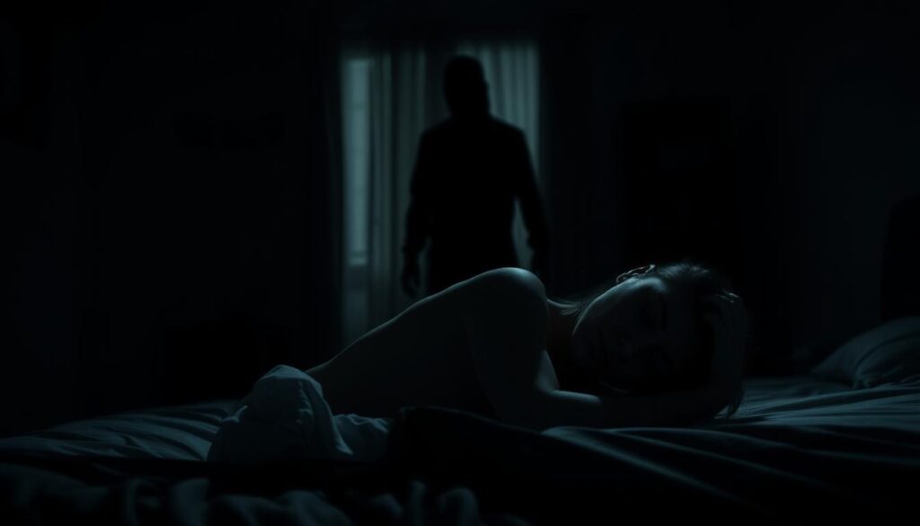 A dimly lit room, the atmosphere heavy with a sense of hopelessness. In the foreground, a person curled up on a bed, their face buried in their hands, conveying the overwhelming burden of unattended mental health. The middle ground features a shadowy figure, a representation of the neglect, looming ominously. The background is blurred, suggesting the isolation and detachment from the outside world. Dramatic lighting casts deep shadows, heightening the sense of despair. The scene is captured with a cinematic, moody lens, emphasizing the emotional impact of mental health neglect.