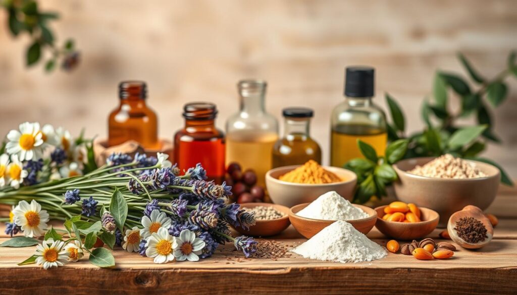 Detailed still life of natural acne remedies arranged on a wooden table. Foreground showcases various herbs, flowers, and oils - chamomile, lavender, tea tree, and rosehip. Midground features glass jars and ceramic bowls filled with powders and extracts. Background has a simple, soft-focus nature-inspired backdrop, with hints of greenery and a warm, diffused lighting that creates a soothing, therapeutic atmosphere. The overall composition conveys a sense of tranquility and wellness, highlighting the natural, holistic approach to addressing common skin concerns. Detailed still life of natural acne remedies arranged on a wooden table. Foreground showcases various herbs, flowers, and oils - chamomile, lavender, tea tree, and rosehip. Midground features glass jars and ceramic bowls filled with powders and extracts. Background has a simple, soft-focus nature-inspired backdrop, with hints of greenery and a warm, diffused lighting that creates a soothing, therapeutic atmosphere. The overall composition conveys a sense of tranquility and wellness, highlighting the natural, holistic approach to addressing common skin concerns.