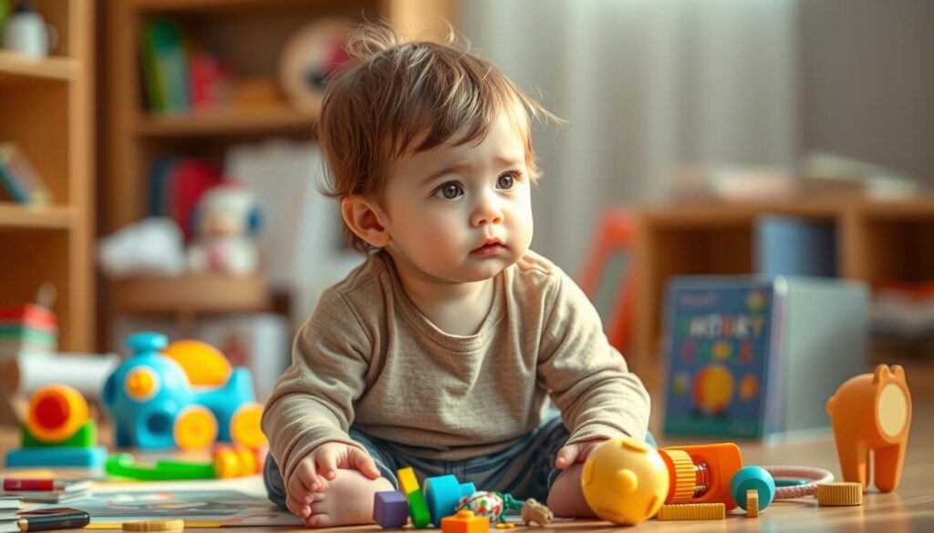 a young child sitting on the floor, looking pensive and introspective, surrounded by colorful toys and educational materials that represent their inner emotional world and cognitive development. The child's expression conveys a sense of vulnerability and a need for understanding and support. The scene is bathed in warm, natural lighting, creating a calming and inviting atmosphere. The background is blurred, allowing the viewer to focus on the child's face and their emotional state. The overall composition emphasizes the importance of recognizing and addressing a child's mental health needs.